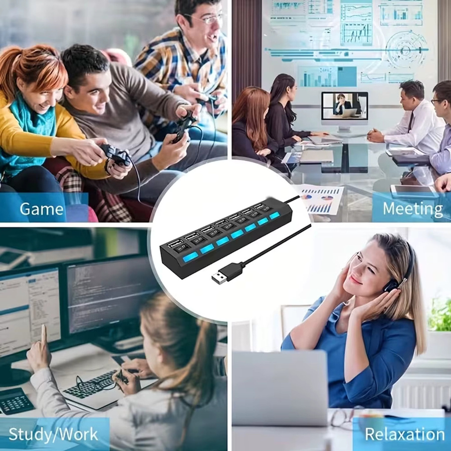 7-Port USB 2.0 Hub Schwarz mit unabhängiger LED Ein/Aus Funktion als USB-Verteiler für PC, MacBook und Laptop - Bild 3