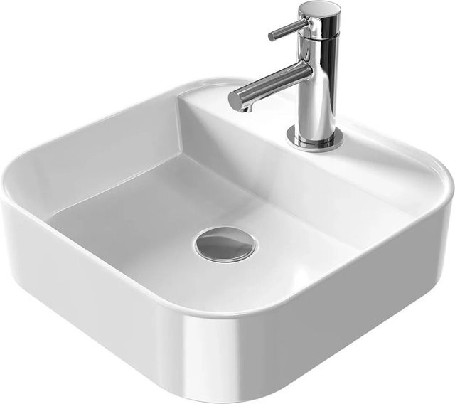Emke Aufsatzwaschbecken aus Keramik in Weiß, Eckiges Handwaschbecken mit Hahnloch, B/T/H: 40 x 40 x 11 cm - Bild 1