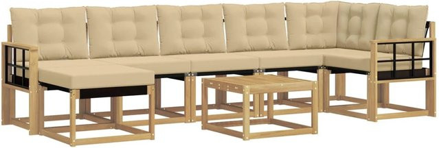 vidaXL Outdoor-Sofagarnitur 8-teilig in L-Form mit Kissen, Weiß und Beige, aus Akazienholz mit Textilene-Bezug - Bild 1