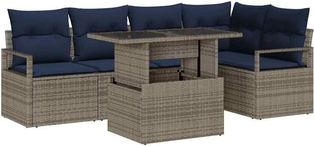 vidaXL Gartensofa-Set aus Poly-Rattan in L-Form, 6-teilig mit Kissen, Grau und Marineblau - Bild 1