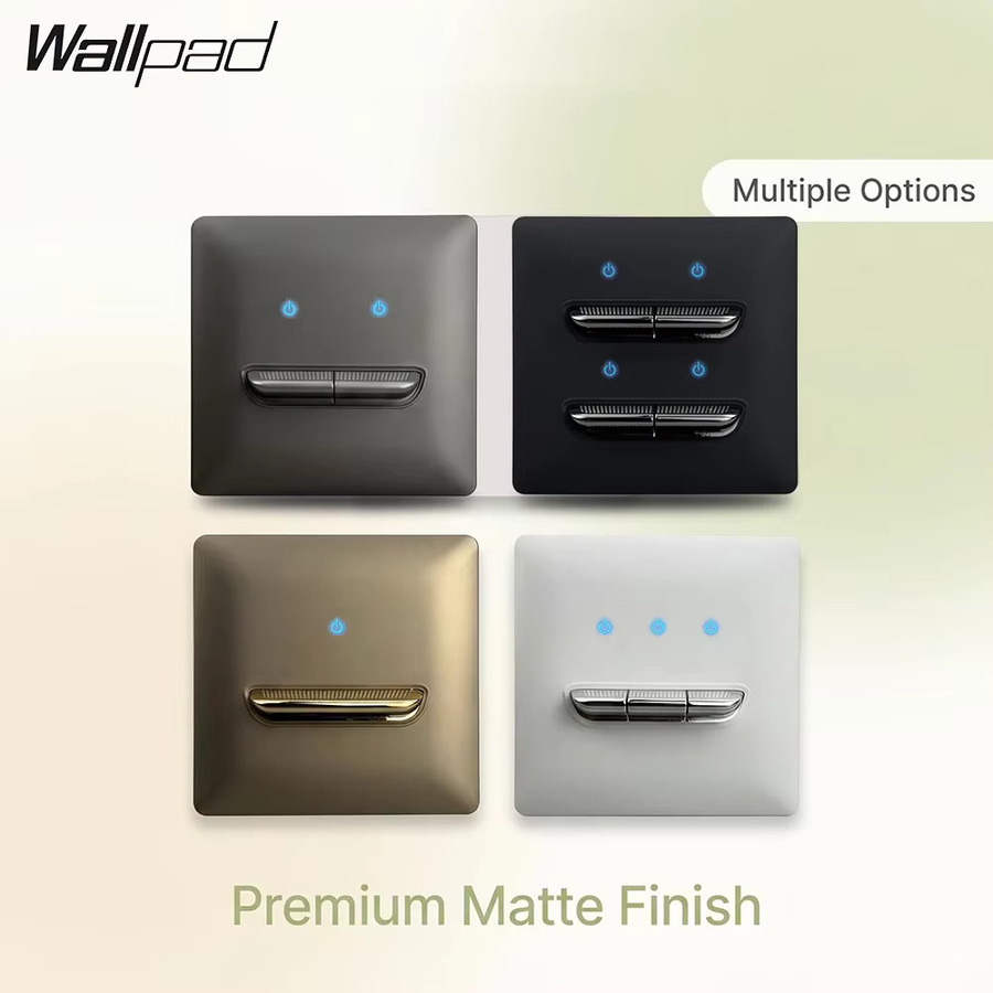 Modernes Wallpad Wandschalter mit LED-Beleuchtung und gebogenem Panel in Mattschwarz und Weißgold mit grauer Optik - Bild 2