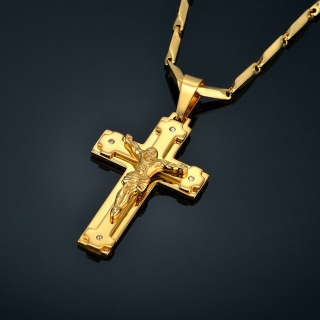 MAGIC ZONE Halskette, Christus Jesus Kreuz Anhänger, Edelstahl, Gold, Herren - Bild 1