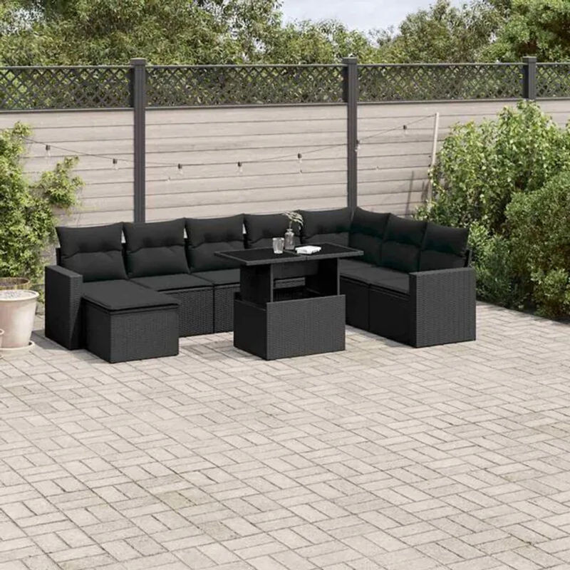 9-tlg. moderne Garten-Sofagarnitur aus Poly-Rattan mit Kissen in Schwarz von vidaxl - Bild 1