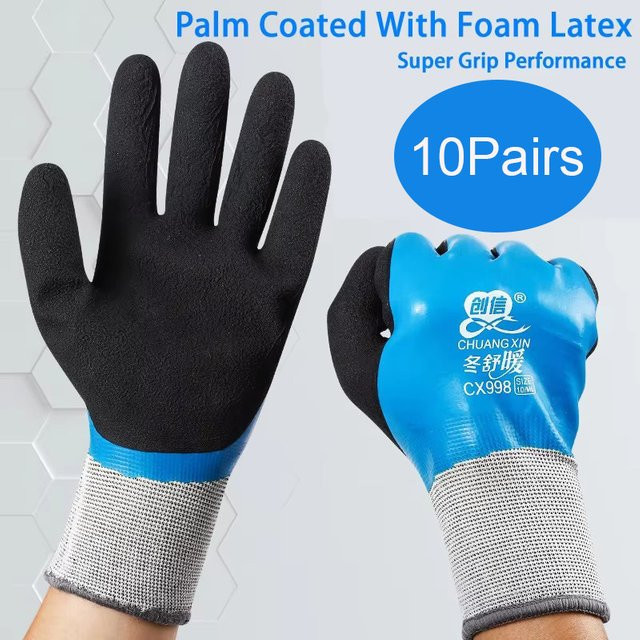 10 Paar ELESESAFE Winter-Arbeitshandschuhe aus Gummi, wasserdicht und thermisch, blau - Bild 1