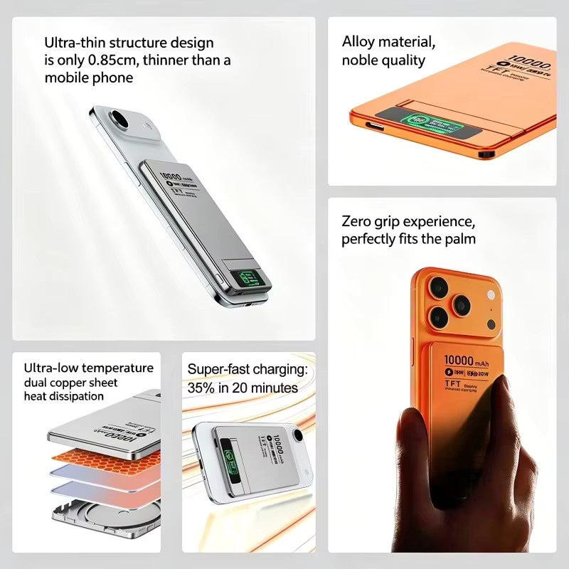 Magnetische Powerbank mit Halterung und TFT-Digital-Display in Orange, 5000/10000mAh, kabelloses Schnellladen für Handys und Uhren - Bild 5