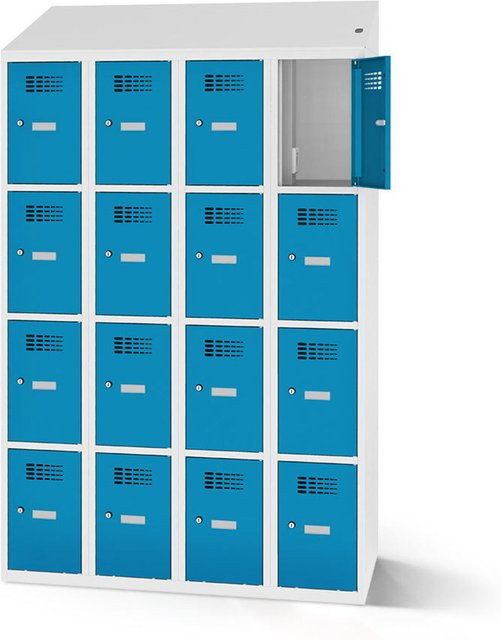 rotstahl Fächerschrank mit Ladefunktion und 16 Fächern in Blau mit lichtgrauem Korpus, B: 120 cm, H: 200 cm - Bild 1