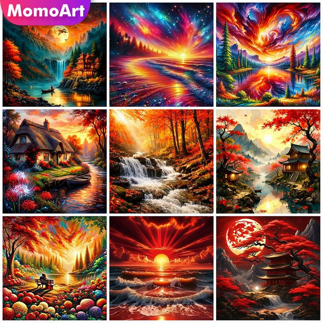 Momoart Diamantmalerei Haus-Landschaft mit Bergen und Bäumen als DIY Wandkunst in Multicolour, Acryl, Rund, B/T/H: 20 x 20 x 20 cm - Bild 1