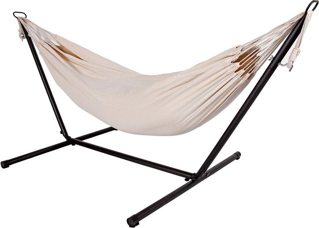 LEX Doppel Hängematte mit Stahlgestell in Weiß und Beige aus UV-beständigem Polyester Gewebe - Bild 1