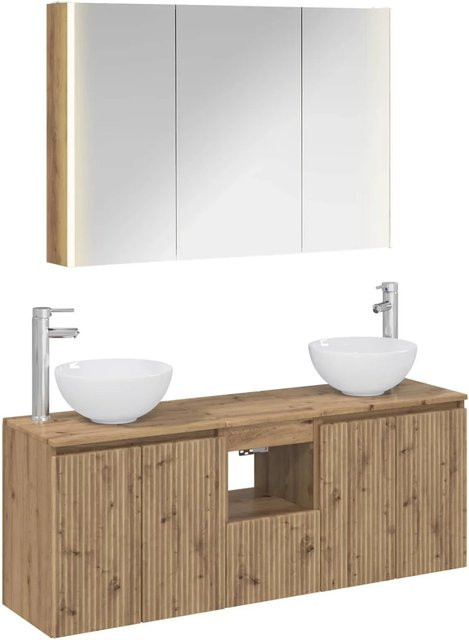 vidaXL Badezimmerschrank-Set 4-teilig in Artisan-Eiche, modern und matt, inklusive Waschtischunterschrank, Wandunterschrank und Spiegelschrank mit LED-Beleuchtung, B/T/H: 103,5 x 15,5 x 70 cm - Bild 1