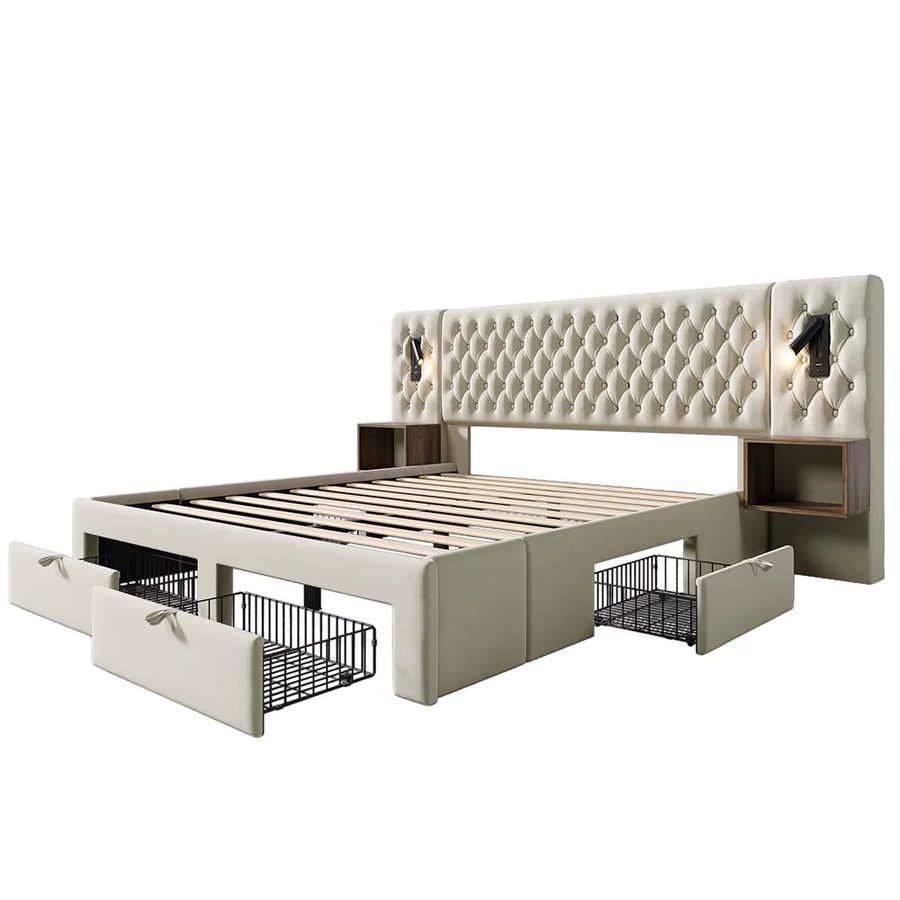 KOMHTOM Polsterbett aus Samt in Beige mit 2 Nachttischen, 4 Schubladen, Kopfteil mit Leselicht und USB-Ladefunktion, Breite: 160 cm, Tiefe: 200 cm - Bild 2