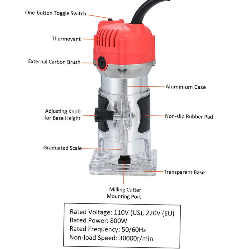 Aimo Kantenfräse mit 800 W und 30000 U/min, elektrischer Trimmer für Holz und Laminat mit transparenter Basis und Kantenführung, Rot - Bild 3