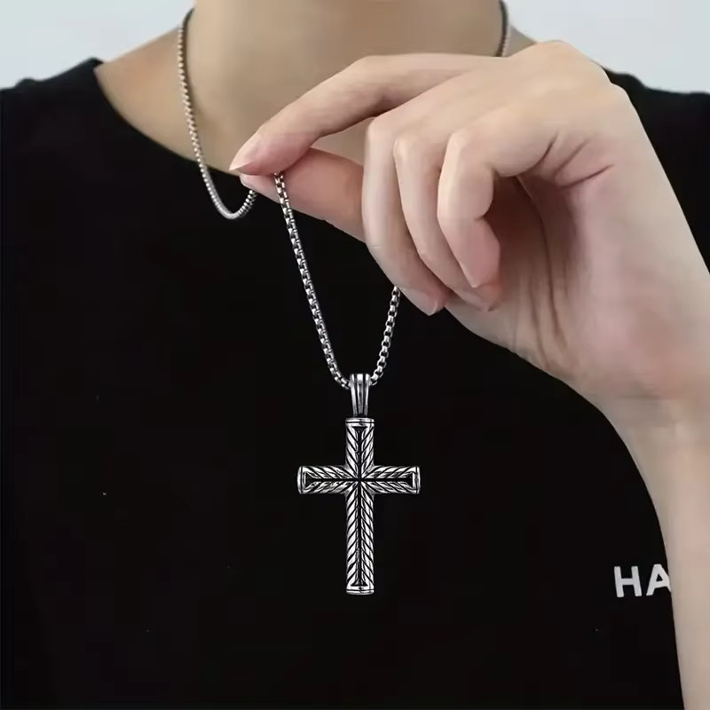 Halskette Edelstahl, Silber, Spiral Säulen Kreuz Anhänger, Unisex - Bild 2