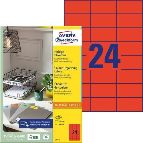 Avery Zweckform Universal-Etiketten 3448, Rot, Papier, B/H: 70 x 37 mm, 2400 Stück - Bild 1