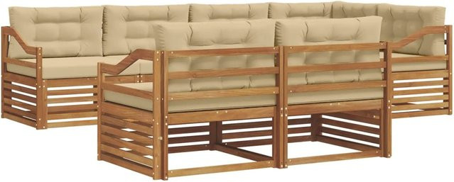 vidaXL Outdoor-Sofagarnitur 7-teilig aus Akazienholz in Natur und Beige mit Kissen und L-Form - Bild 1