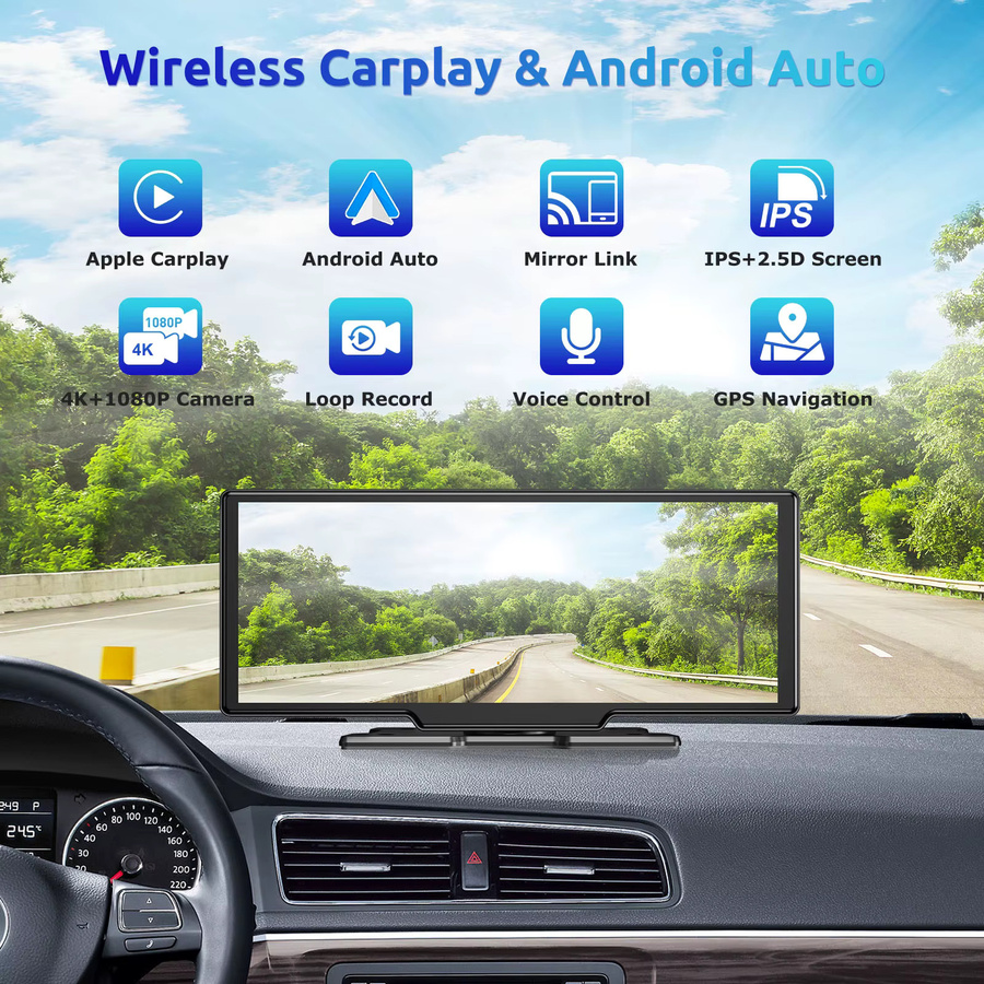 ESSGOO 4K Dash Cam mit Wireless CarPlay und Android Auto, ADAS, Bluetooth, GPS und AUX, Schwarz, 10,26 Zoll - Bild 6