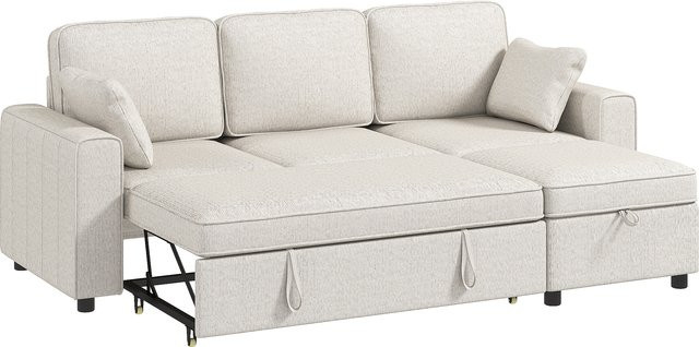 Aosom Eck-Schlafsofa aus Chenille in Beige, Modulares 3-Sitzer-Schlafsofa mit Aufbewahrungs-Pouf und Kissen, Reversibles L-Shape Design mit Taschenfederkern, Breite: 225 cm - Bild 1