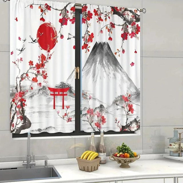 2er-Set A Family Of Home Textiles Vorhänge mit Japanischem Kirschblüten- und Mond-Design, Weiß, Semi-transparent, B: 50 cm, H: 130 cm - Bild 1