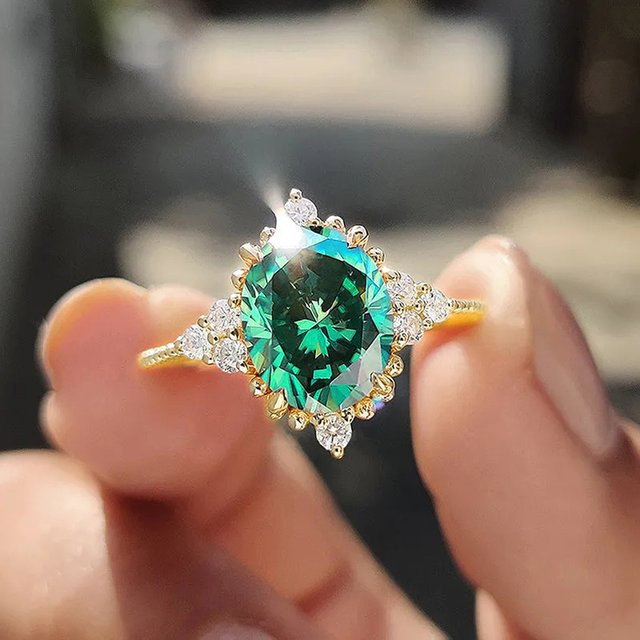 Huitan Ring, Gold Farbe, grüne Zirkonia, Damen - Bild 1