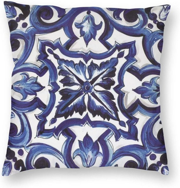 Blauer quadratischer Kissenbezug mit mediterranem sizilianischem Fliesen- und Blumenmuster aus Peach Skin, B/B/H: 18 x 18 x 18 cm - Bild 1
