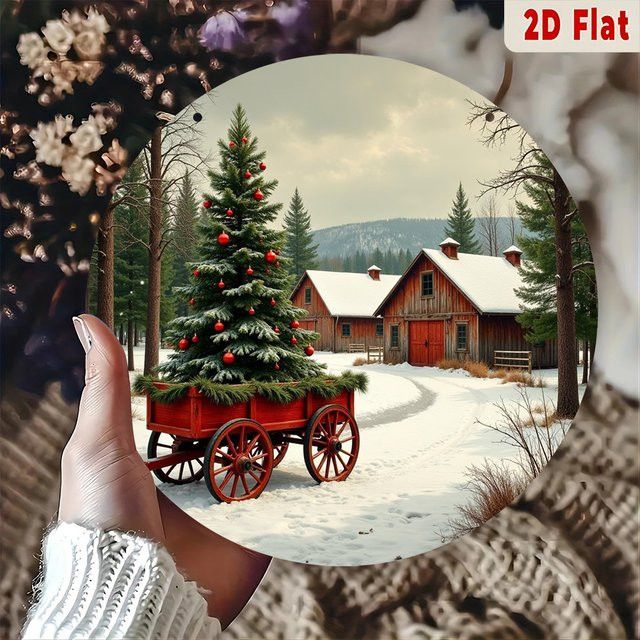 Potdemiel Vintage Metallwandkunst Aluminiumschild Rund Weihnachtsbaum im roten Wagen mit verschneiter Winterszene - Bild 1