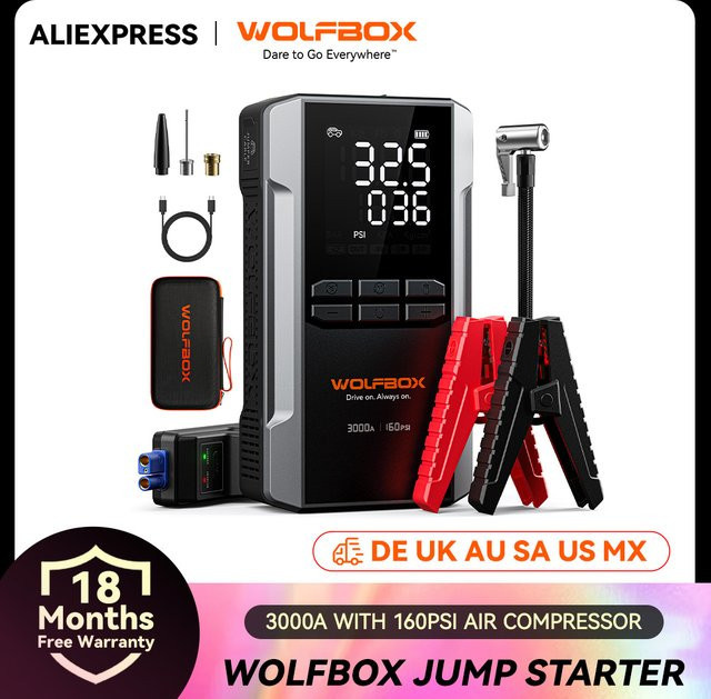 WOLFBOX 3000A Starthilfe mit integriertem Luftkompressor, 16000 mAh Powerbank und 65 W Schnellladung, Schwarz - Bild 1