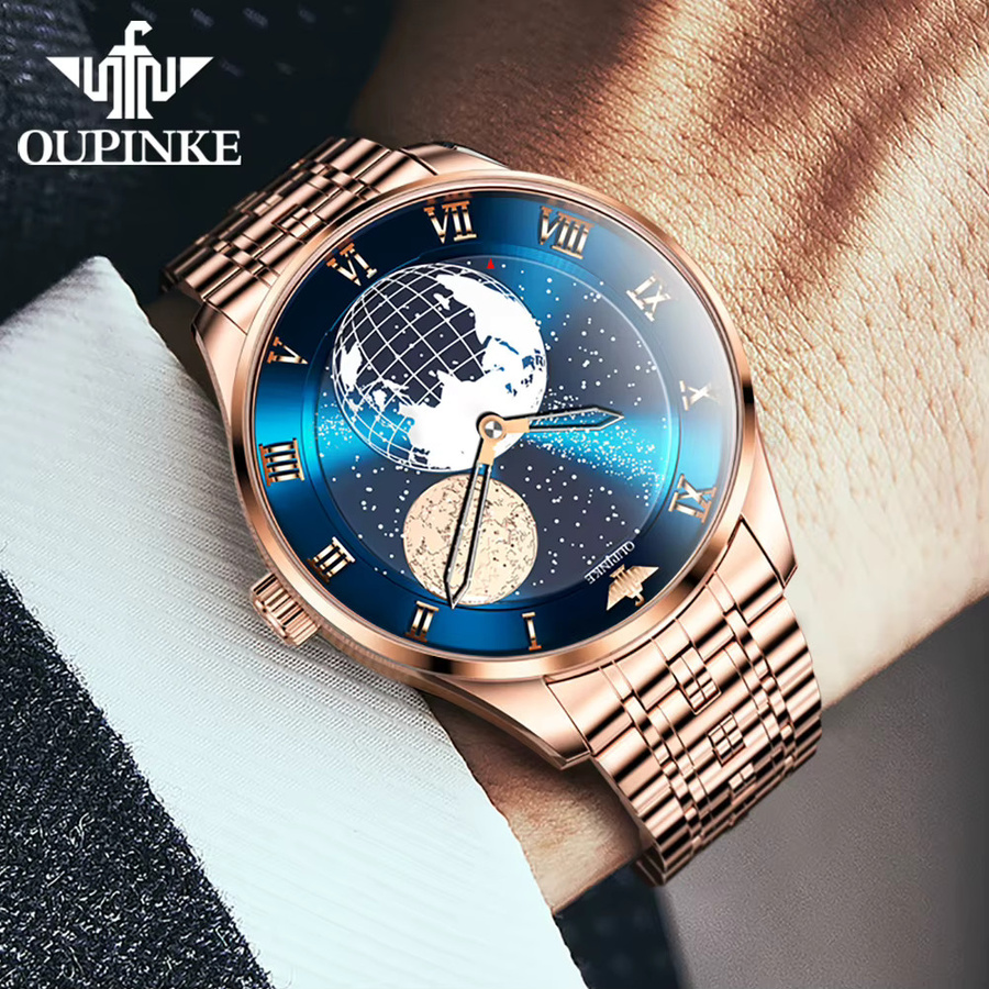 OUPINKE Armbanduhr Automatik, Edelstahl, Blau, Roségold, Herren - Bild 2