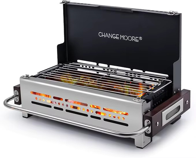 CHANGE MOORE BBQ-Holzkohlegrill aus Edelstahl 304 in Silber, tragbarer Outdoor-Campingkocher für Picknick und Garten, B/T/H: 44 x 35 x 21 cm - Bild 2