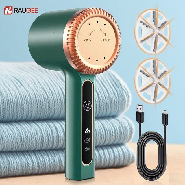 Elektrischer Lint Remover von raugee in Grün, wiederaufladbarer Fusselrasierer mit austauschbaren Klingen und Flusenbehälter - Bild 1