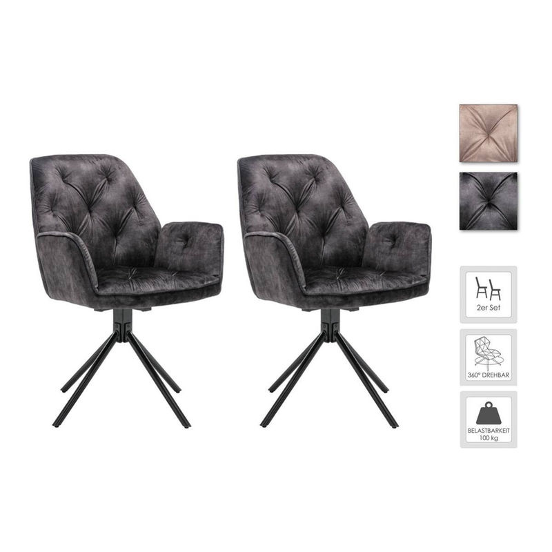 byLIVING Sessel SARINA 2er-Set anthrazit Vintage Samt Metall B/H/T: 59,5 x 89 x 62 cm - Bild 2