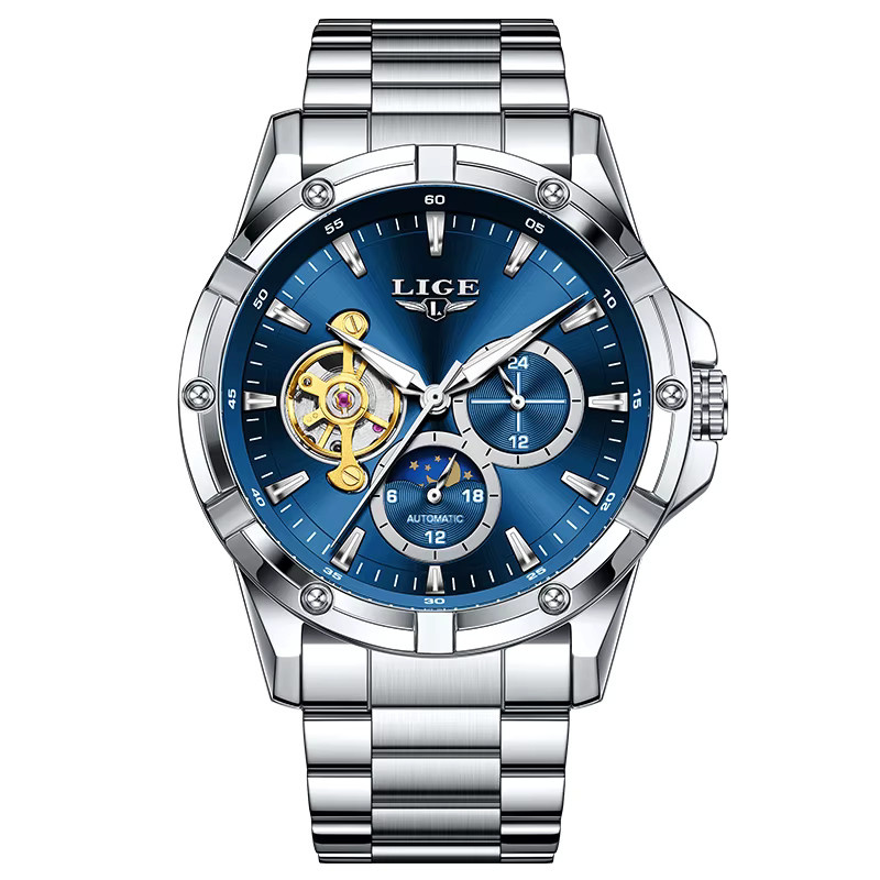 LIGE Armbanduhr Automatik, Edelstahl, Mondphase, Blau, Herren - Bild 7