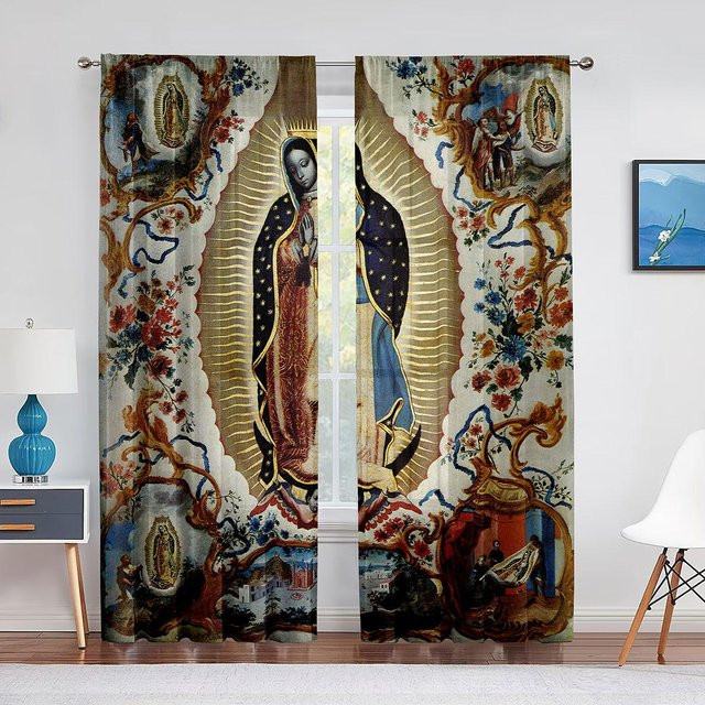 Mexikanische Heilige Jungfrau Maria Florale Voile-Vorhänge aus Chiffon-Tüll, Transparent, Mehrfarbig, 2er-Set, Breite: 70 cm, Höhe: 165 cm - Bild 1