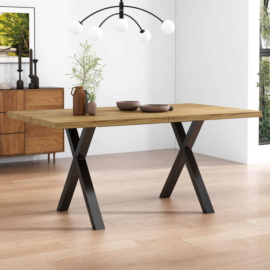 Moderner Esstisch Svintora in Eiche und Schwarz mit Kreuzbein-Design, rechteckiger Küchentisch aus MDF, B/T/H: 140 x 80 x 76 cm - Bild 4