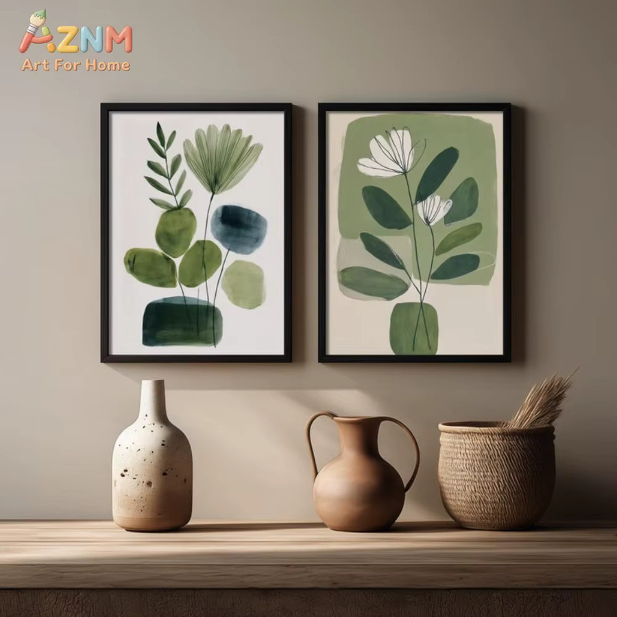 AZNM Abstrakter botanischer Leinwanddruck in Salbeigrün, minimalistische florale Linienkunst im Boho-Stil, ungerahmte Wandkunst - Bild 1