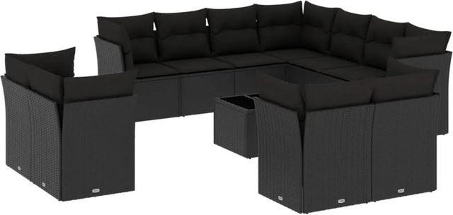 vidaXL 12-tlg Garten-Sofagarnitur in U-Form aus Poly-Rattan mit Kissen und Stauraum, Schwarz - Bild 1