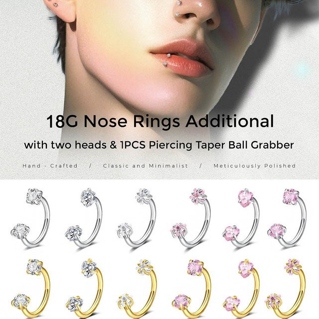 3er Set Piercing-Ringe Edelstahl, Zirkonia, Damen - Bild 1