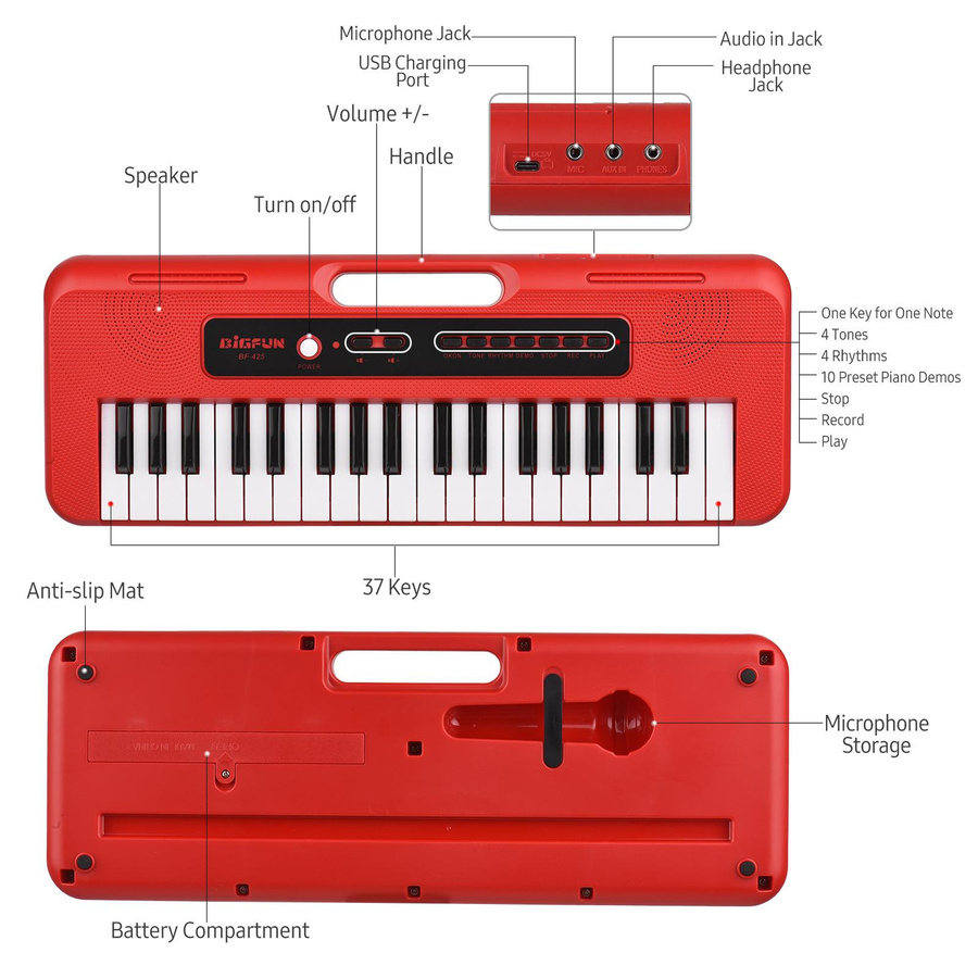 BIGFUN E-Piano mit 37 Tasten, Mini-Mikrofon, rot, ab 3 Jahren - Bild 6