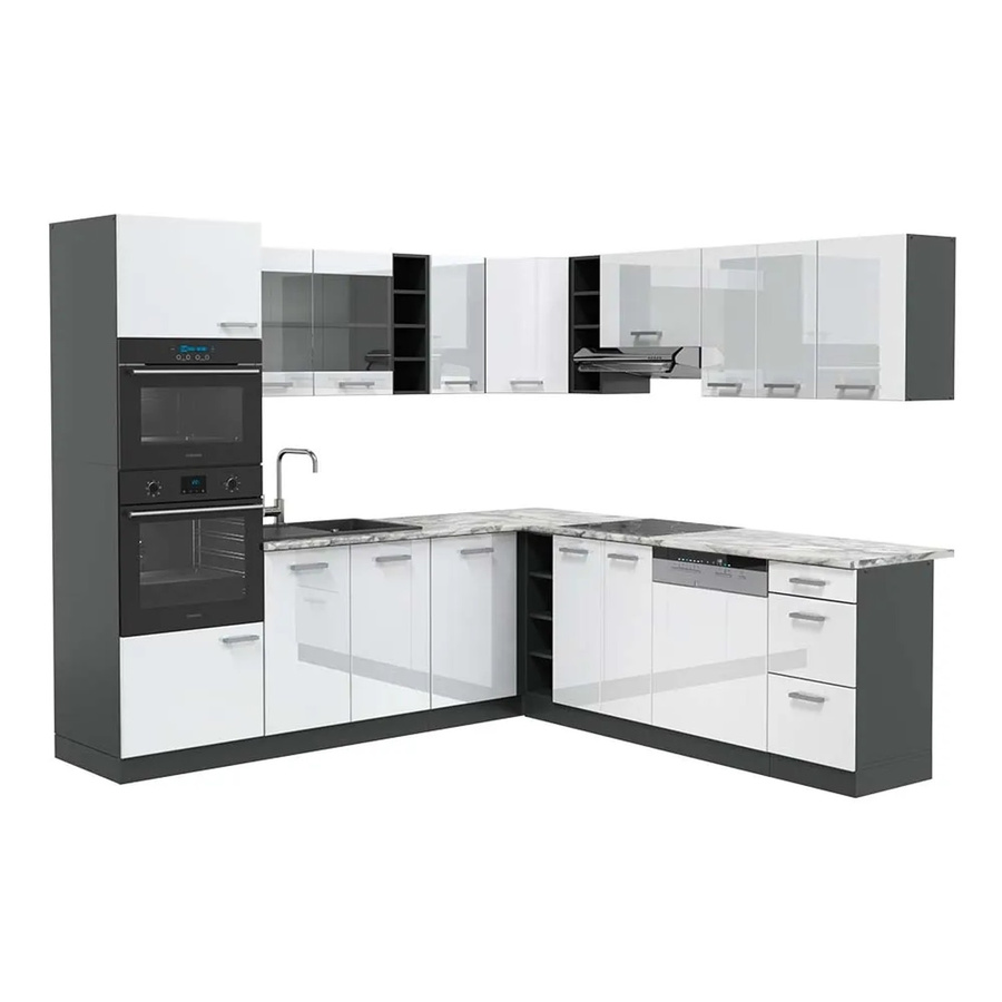 Vicco R-Line Eckküche in Weiß Hochglanz und Anthrazit mit Marmor-Optik, B/T/H: 237 x 247 x 81,6 cm - Bild 1