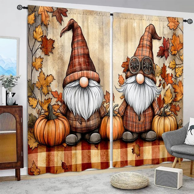 2er-Set Halloween Vorhänge mit Kürbis und Weißbärtigem Zwerg in Schwarz, halbtransparent, B: 52,5 cm, H: 116 cm - Bild 1
