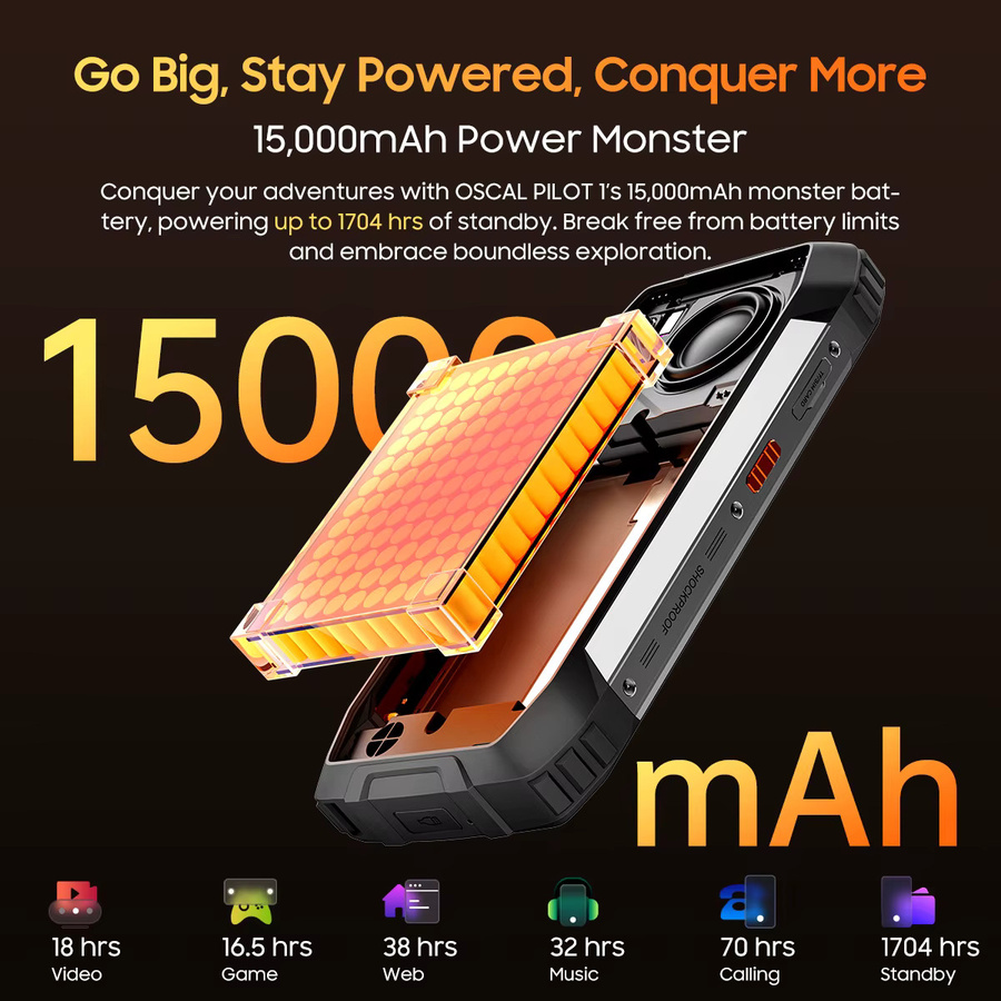 OSCAL Pilot 1 Outdoor-Smartphone in Schwarz mit 6,67 Zoll Display, Android 14, 8 GB RAM, 256 GB Speicher, 15000 mAh Akku und Dual 4G - Bild 4