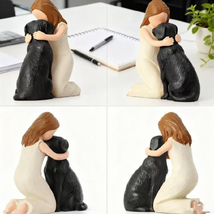 Detaillierte Miniaturskulptur Mädchen und Hund aus Harz in Schwarz als Wohnaccessoire für Hundeliebhaber - Bild 3