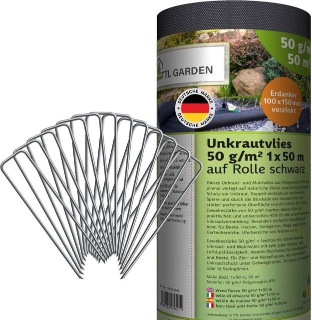 TTL GARDEN Unkrautvlies Schwarz 50g/m² 1 x 50 m inklusive 100 Erdankern 150 mm wasserdurchlässiges Mulchvlies UV-stabil - Bild 1