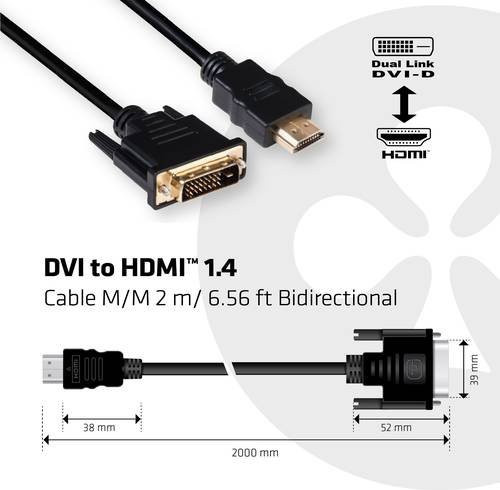 club3D DVI-D auf HDMI Adapterkabel Schwarz, Länge: 2,00 m, CAC-1210 - Bild 1