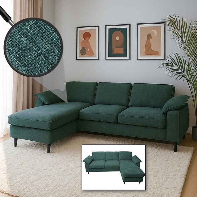 MCW Sofa-Garnitur O71 Ecksofa in L-Form mit Schlaffunktion, grau-grün, Stoff und Holzrahmen, B/T/H: 229 x 84 x 140 cm - Bild 1