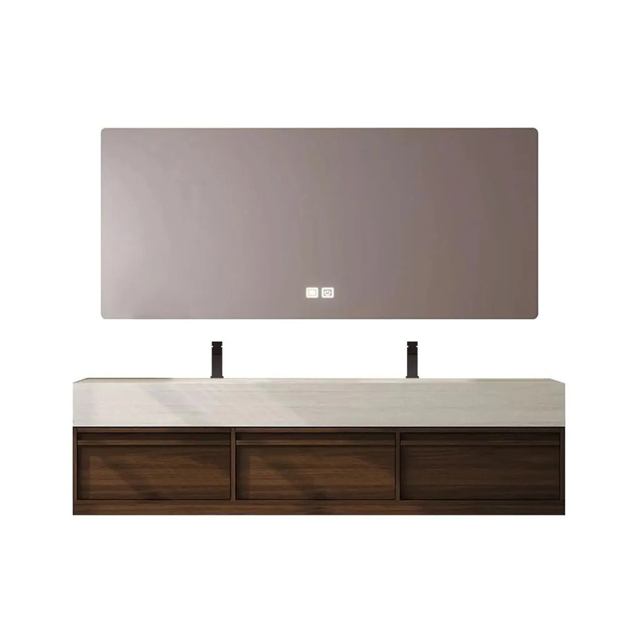 360Home Waschtisch-Set aus Sinterstein in Braun mit Doppelspüle, Spiegelschrank und LED-Beleuchtung, B/T/H: 150 x 55 x 25 cm - Bild 2