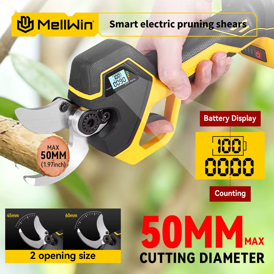 MELLWIN Bürstenlose Elektro-Gartenschere mit 50 mm Schneidblatt und 180 cm Teleskopstange in Gelb für Makita LXT 18V Akku - Bild 3