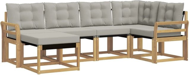 vidaXL Outdoor-Sofagarnitur 6-teilig in L-Form aus Akazienholz mit Textilene-Bezug und Kissen, Weiß-Hellgrau - Bild 1
