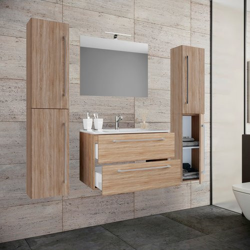 VCM Badinos 5-tlg. Badmöbel-Set mit Keramik-Waschbecken in Weiß und Eiche Sonoma, B/H/T: 60 x 50 x 46 cm - Bild 1