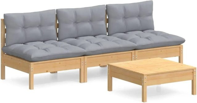 vidaXL 4-tlg Garten-Lounge-Set aus massivem Kiefernholz mit grauen Polsterkissen in Braun-Grau - Bild 1
