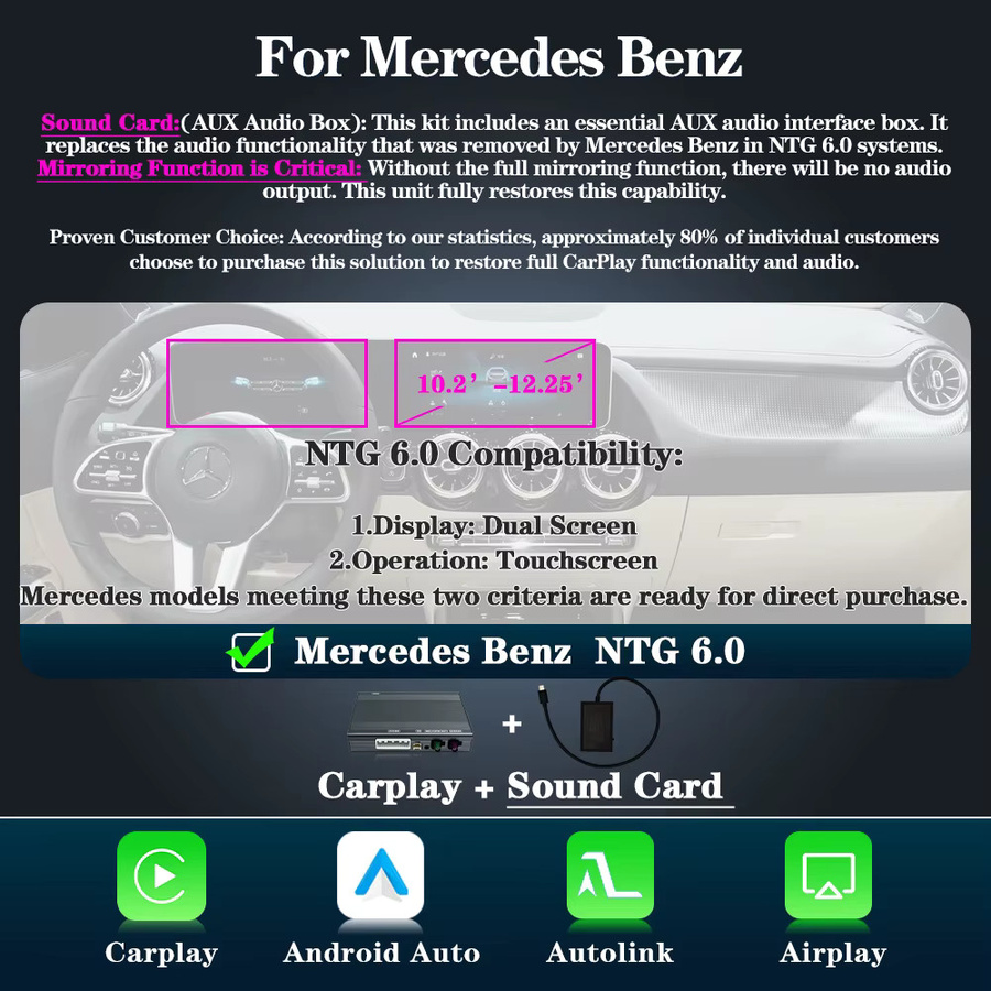 AUTOTOP Android Carplay Dual-Touchscreen Head Unit für Mercedes Benz A C E GLA MBUX NTG6.0 ab 2018 Modell, 10,25 bis 12,3 Zoll, Schwarz - Bild 2
