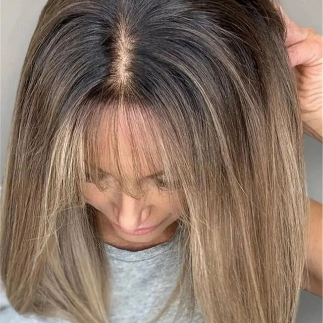 Lace Wig Perücke, Ombre Hellbraun, Glatt, 14 Zoll, mit Pony, HD Lace Frontal - Bild 1